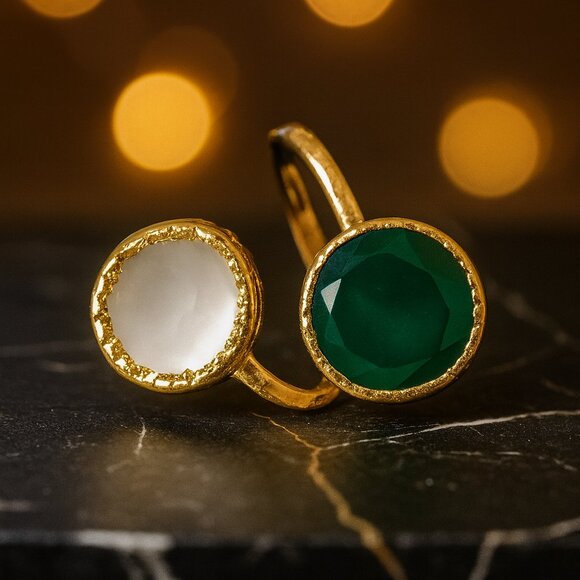 🆕️Turkish Artisan Genuine Emerald & Glass Pearl Adjustable Ring 18K Gold Plated - Picture 12 of 14